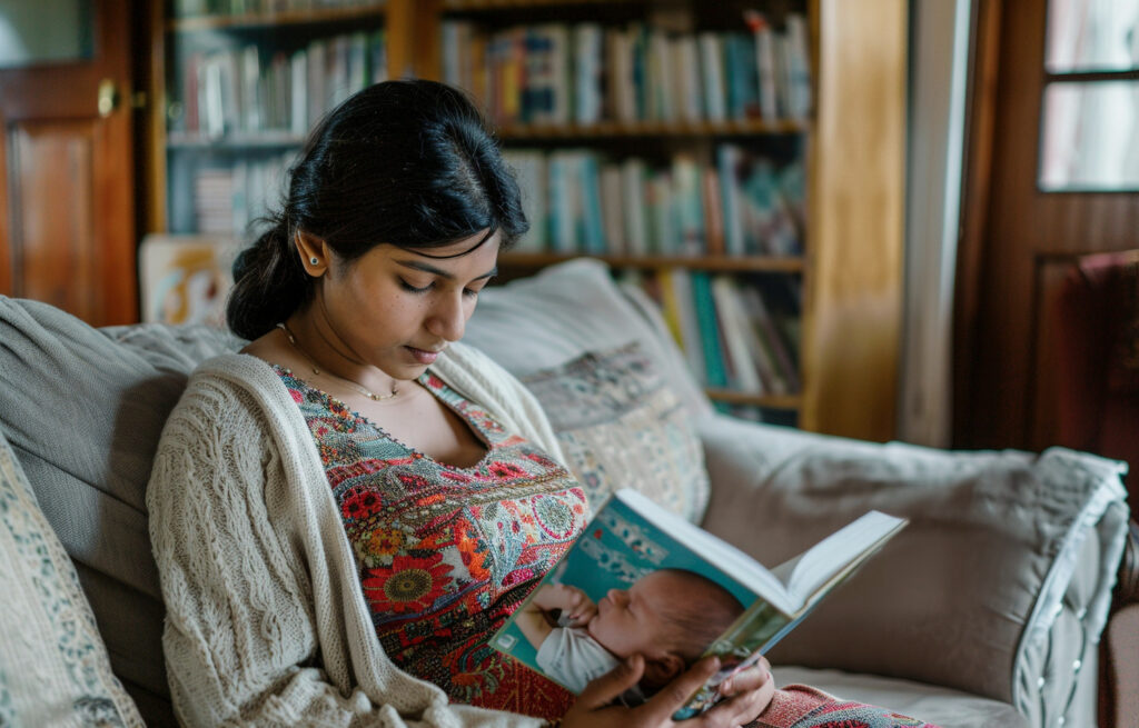 Mother listening to spiritual audio to nurture moral and spiritual development of baby in the womb using Garbh Sanskar