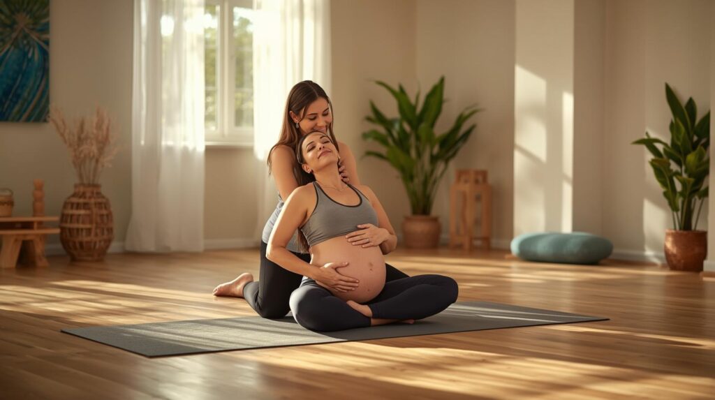 Prenatal yoga class for pregnant women guided by an instructor โ safe offline session promoting balance and calmness.